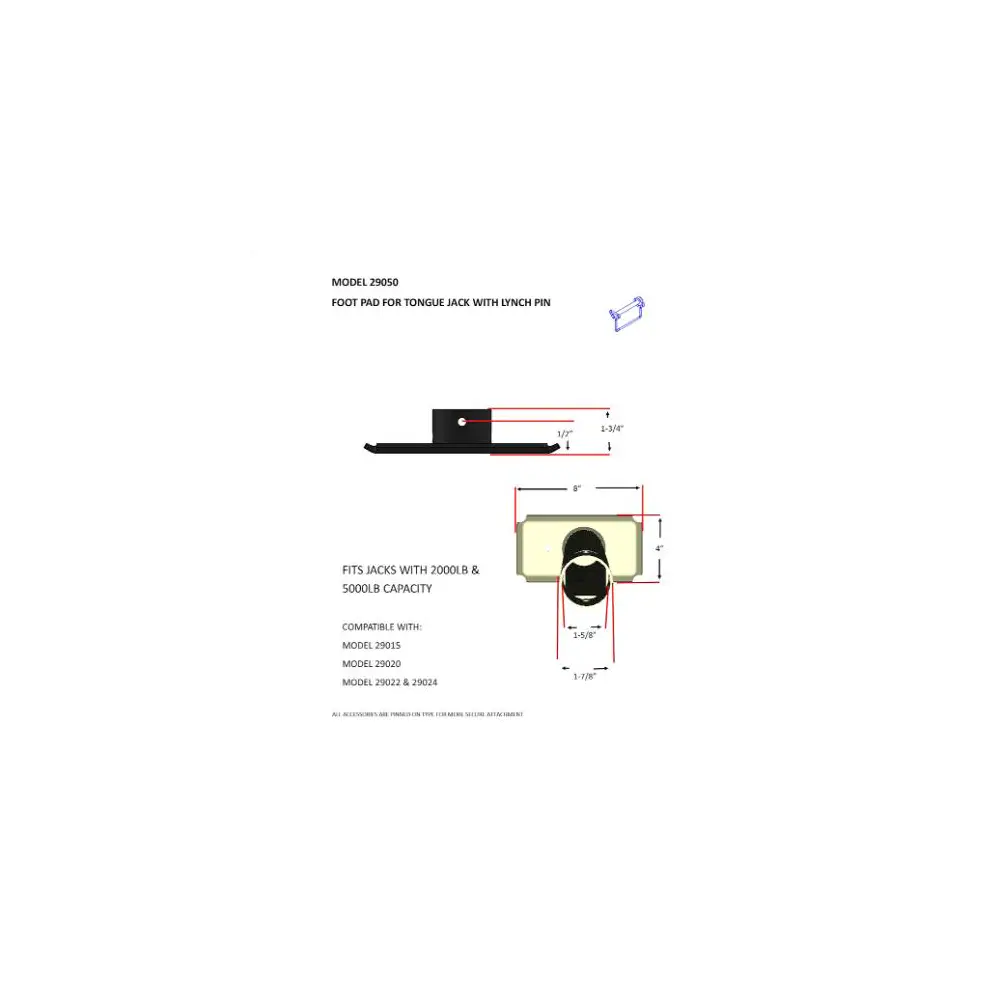Trailer Tongue Jackft Plate - 8" Length x 4" Width x 1-3/4" Heighted - BLN29050B - view 2